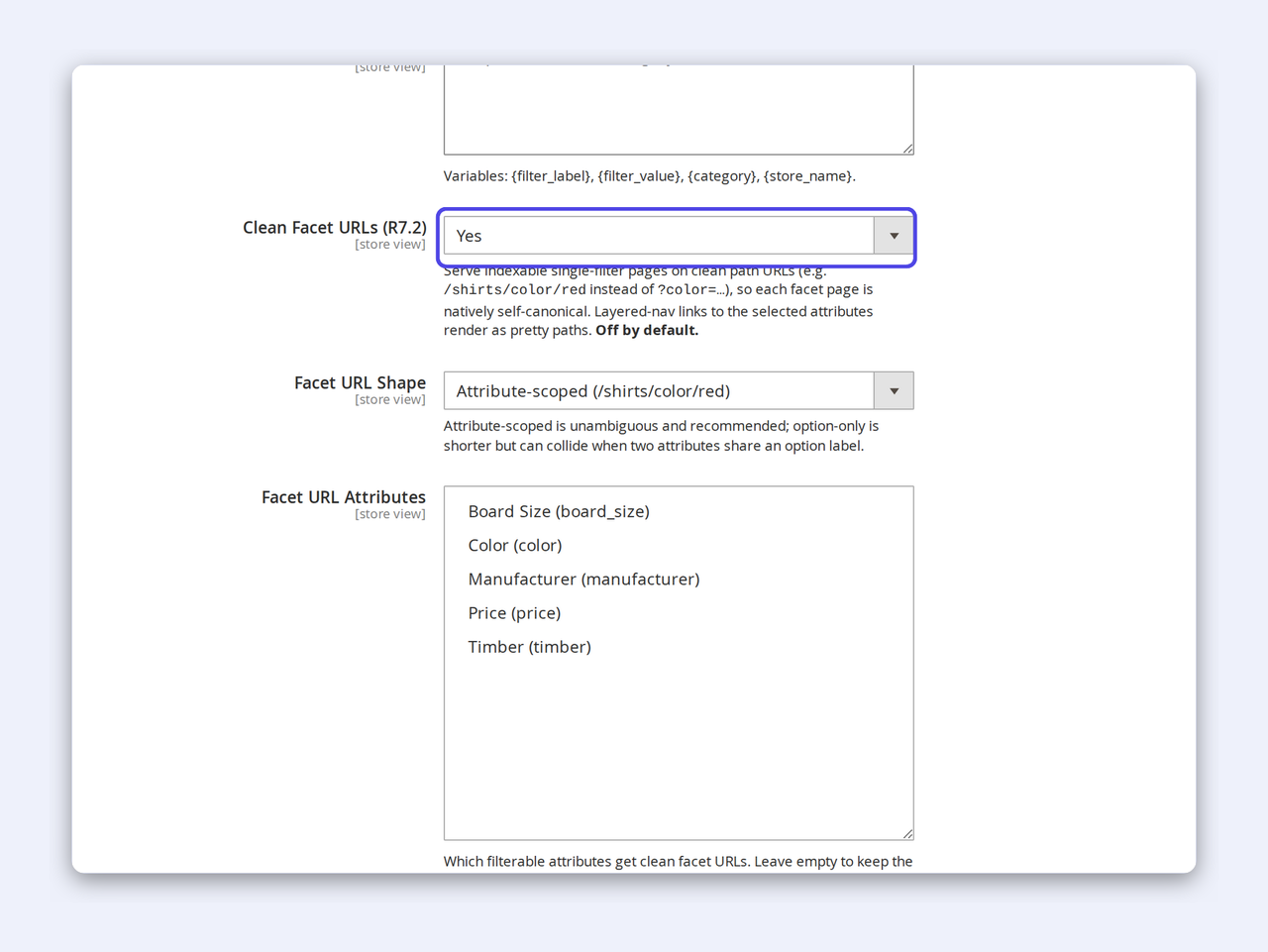 The CPS SEO Suite Layered-Navigation config in the Magento admin — Clean Facet URLs set to Yes, attribute-scoped shape /shirts/color/red, with a highlighted toggle