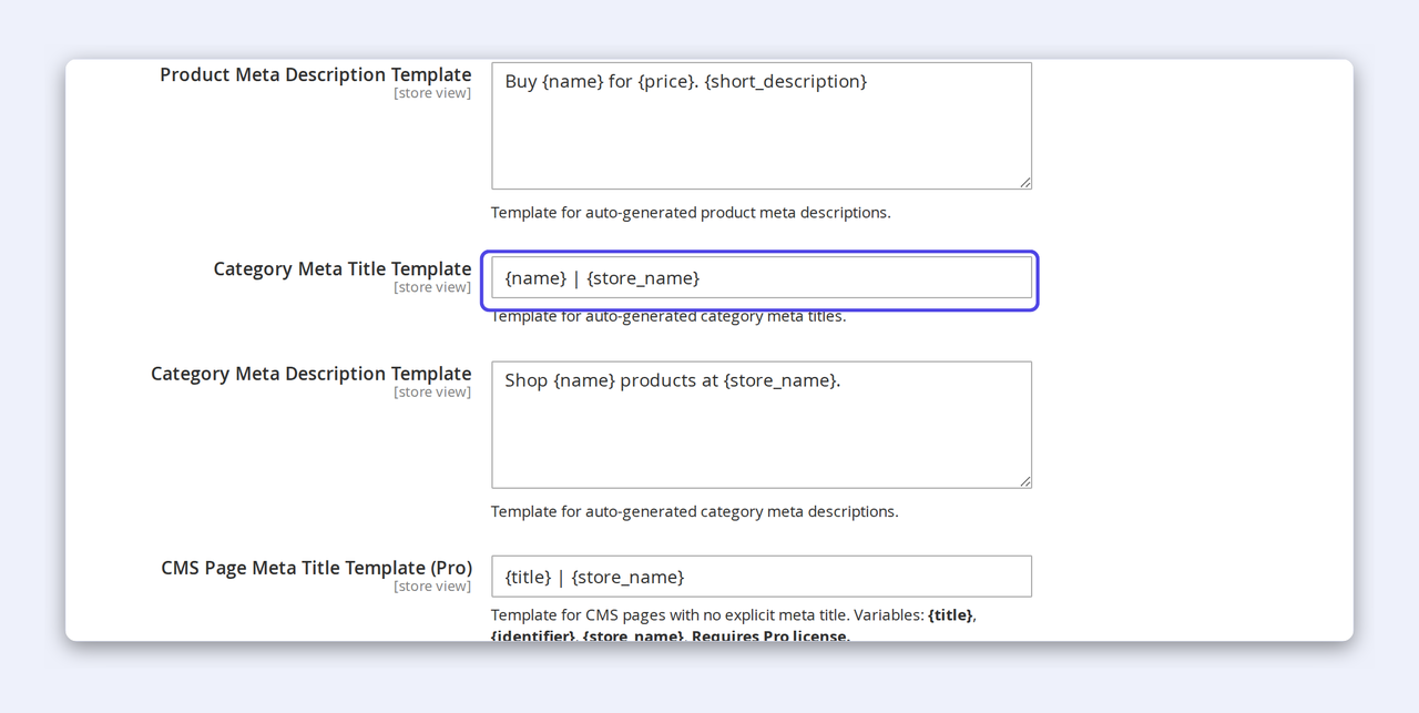 The CPS SEO Suite Meta Templates config in the Magento admin — product, category and CMS meta title and description templates using {name} and {store_name} variables