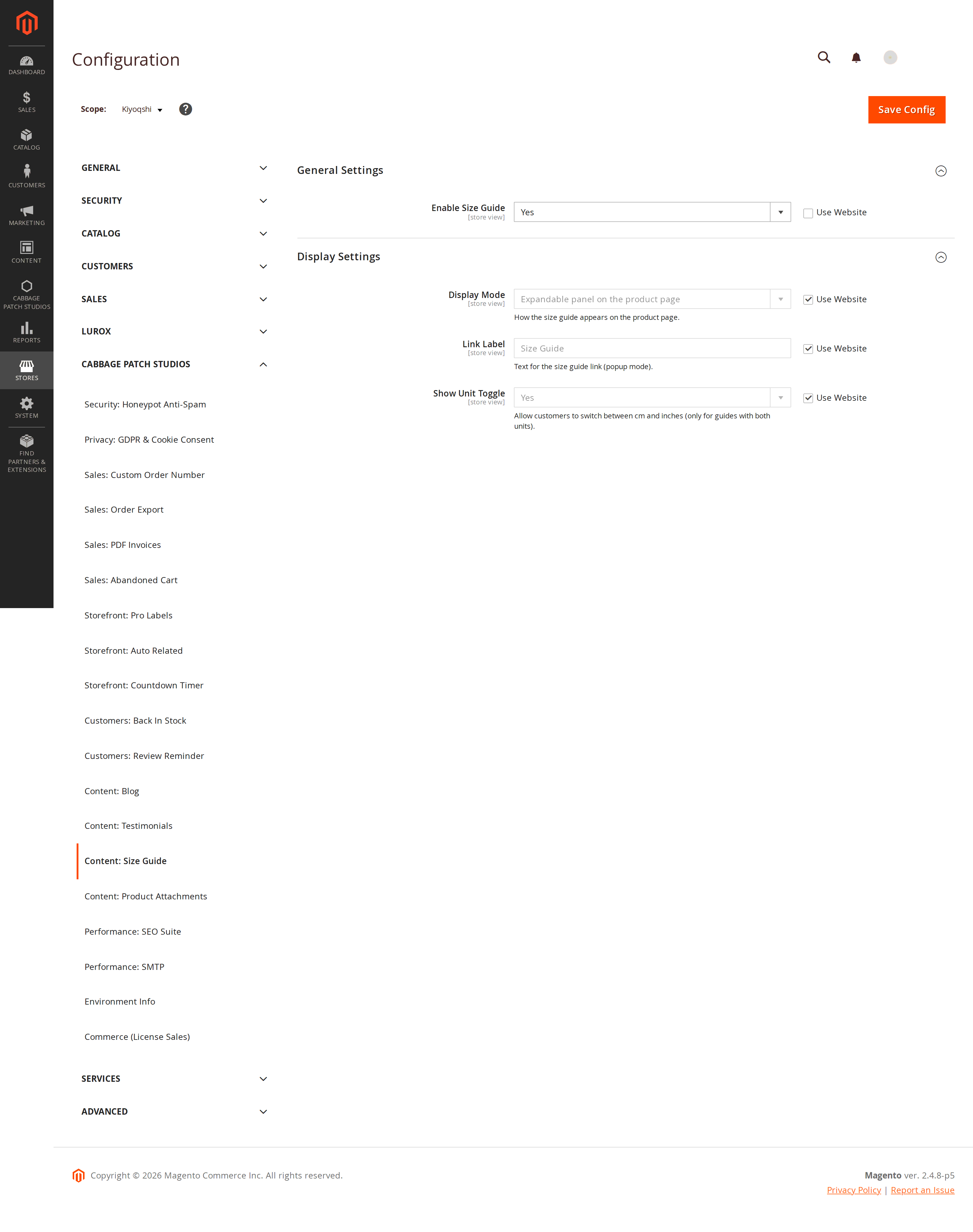The Size Guide configuration section in the Magento 2 admin at store-view scope, showing Enable Size Guide and the display settings
