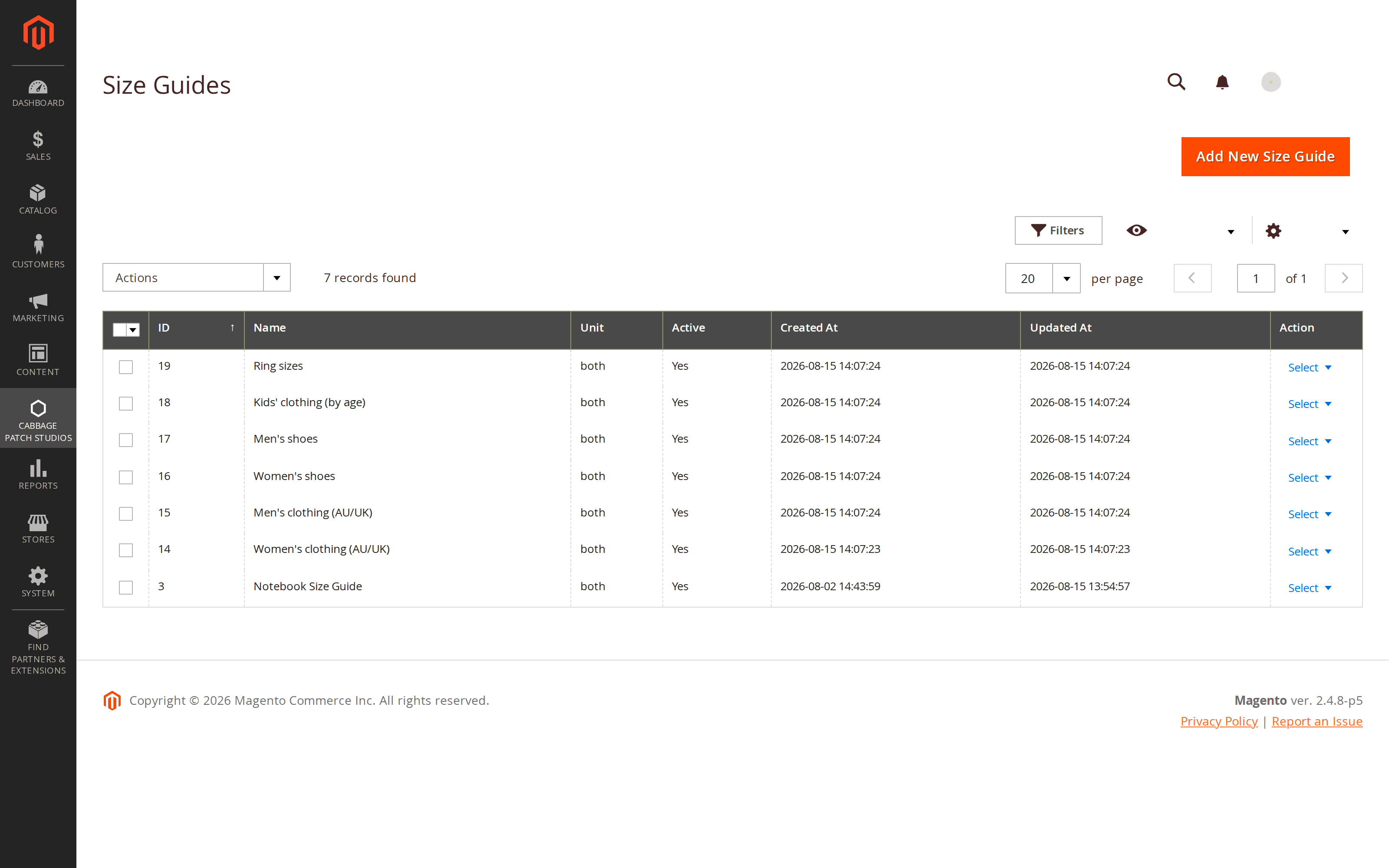 The Size Guides listing in the Magento 2 admin, showing stored guides with ID, name, unit system, active status and dates