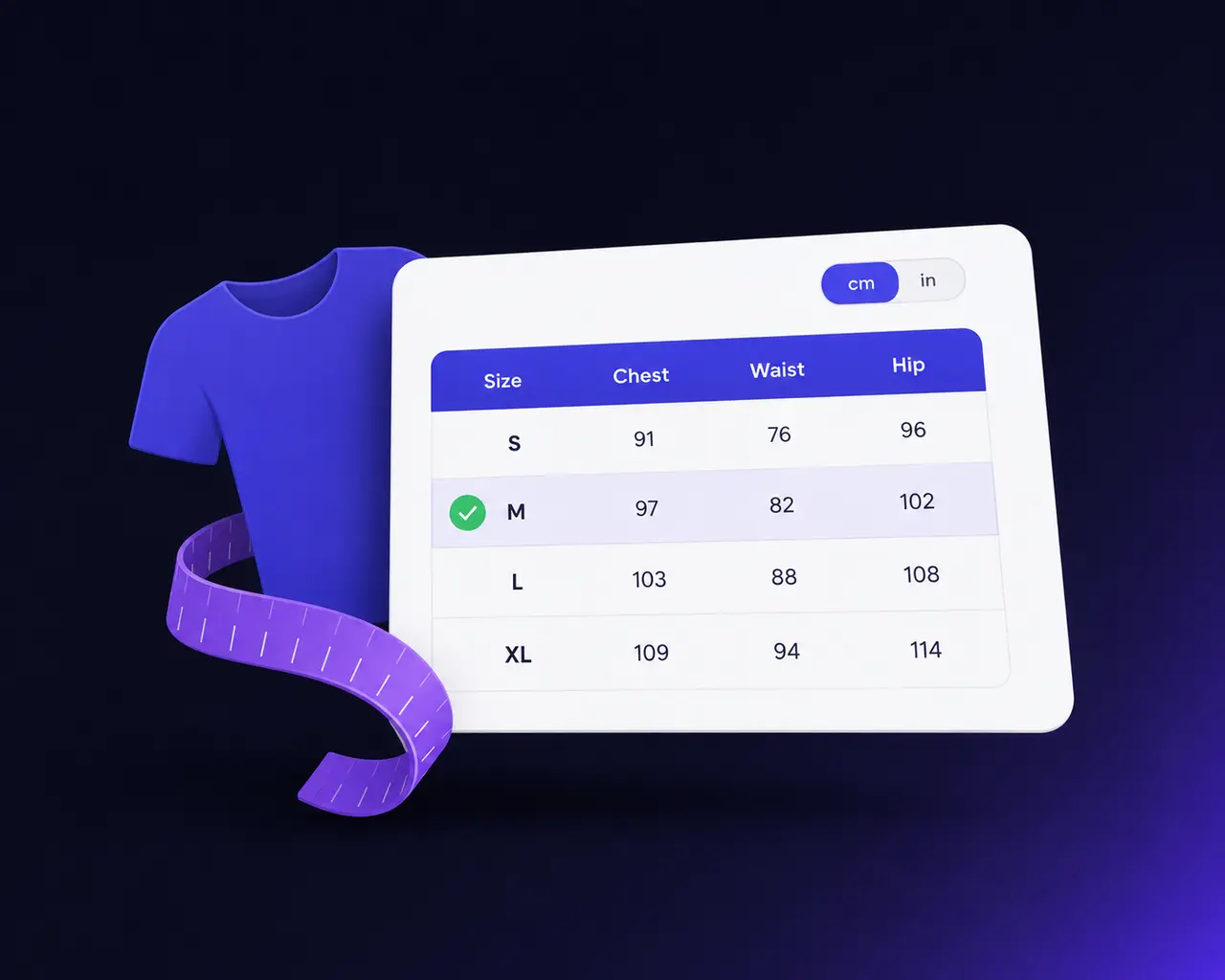 Size Guide for Magento 2 — a size chart on the product page with a cm/inch toggle