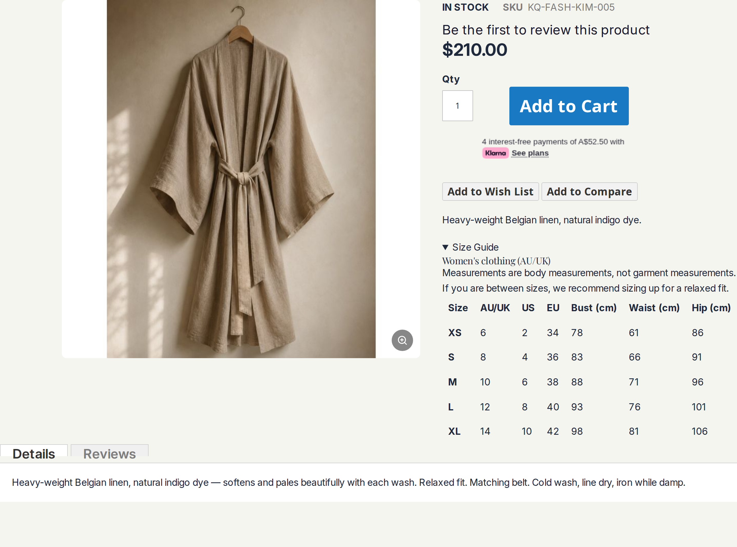 A Magento 2 product page for a linen kimono wrap with the size guide panel open, showing size, AU/UK, US, EU, bust, waist and hip columns