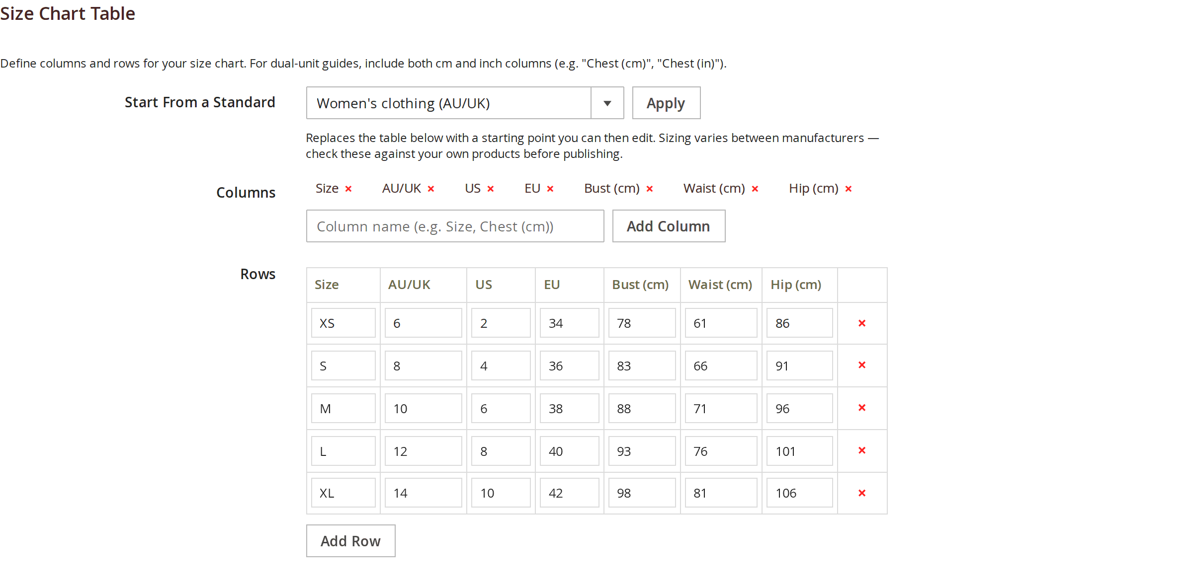 The Magento 2 admin size chart builder, showing the Start From a Standard selector with a standard chosen, column tags, and an editable grid of size rows
