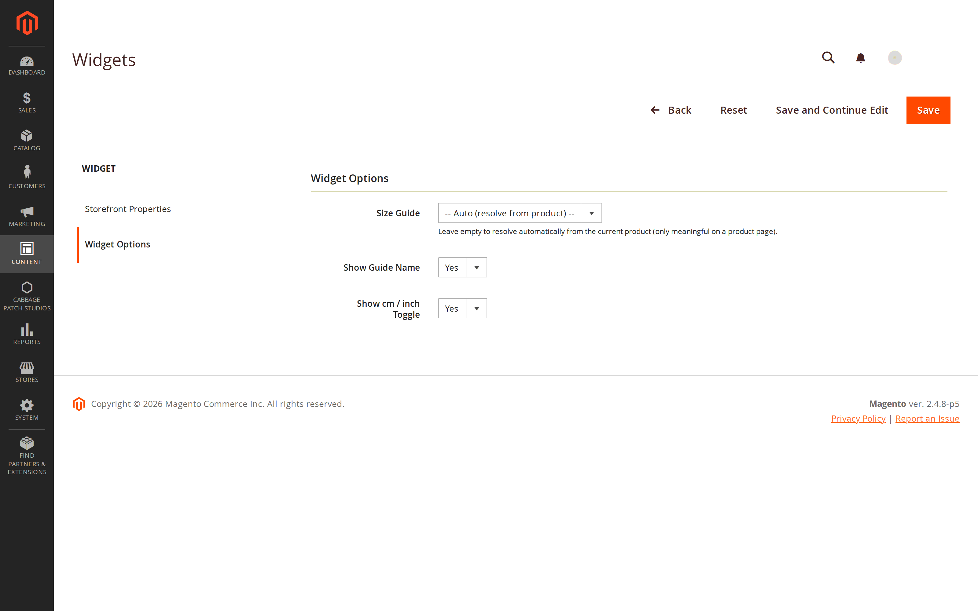 The Widget Options screen in the Magento 2 admin for the CPS Size Guide widget, showing the size guide selector set to Auto and toggles for the guide name and the cm/inch switch