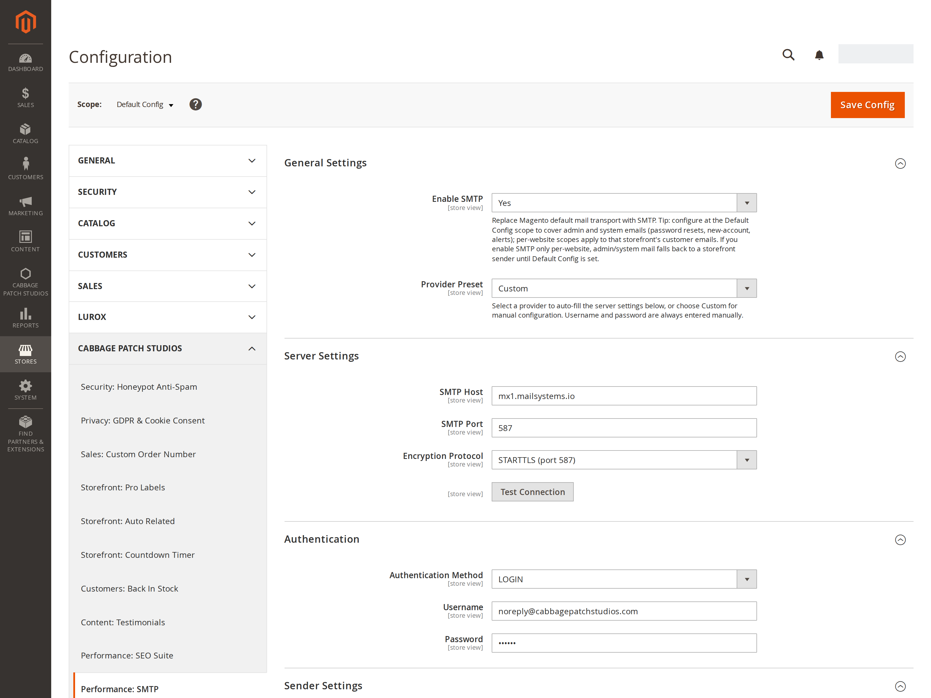 The real CPS SMTP configuration screen in the Magento admin — provider preset, server host, port, encryption and the one-click Test Connection button