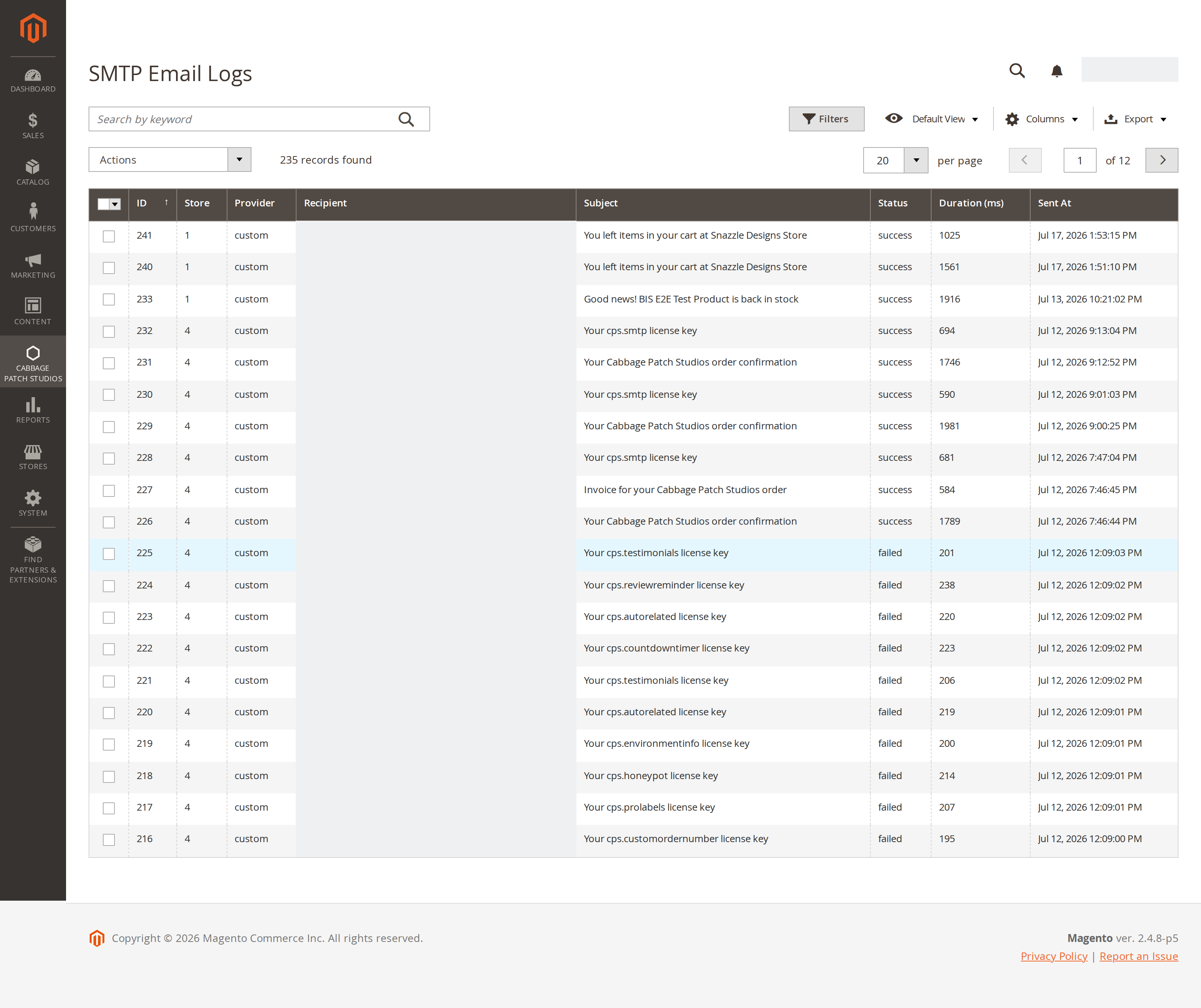 The real CPS SMTP Email Logs grid in the Magento admin — recipient, subject, status, duration and send time for every message