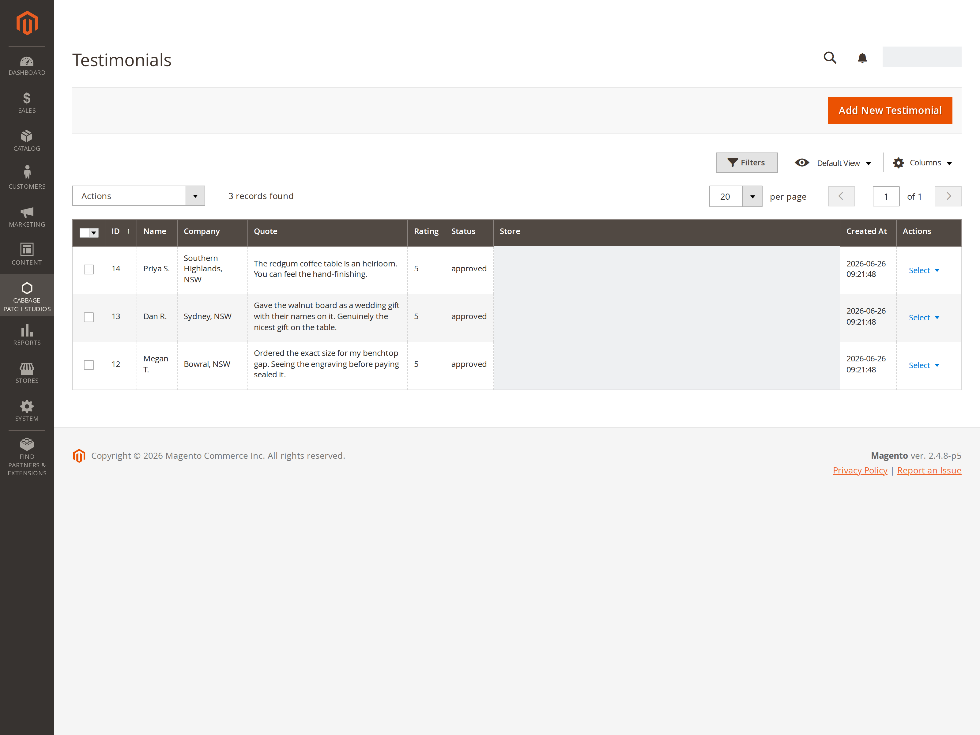 The Testimonials admin grid — customer testimonials with rating, status and mass approve/reject moderation