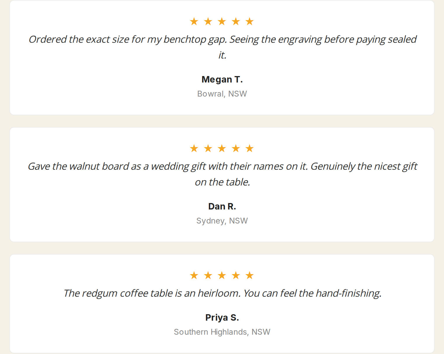 A rendered testimonials block on a Magento 2 storefront — cards with star ratings, quotes and customer names