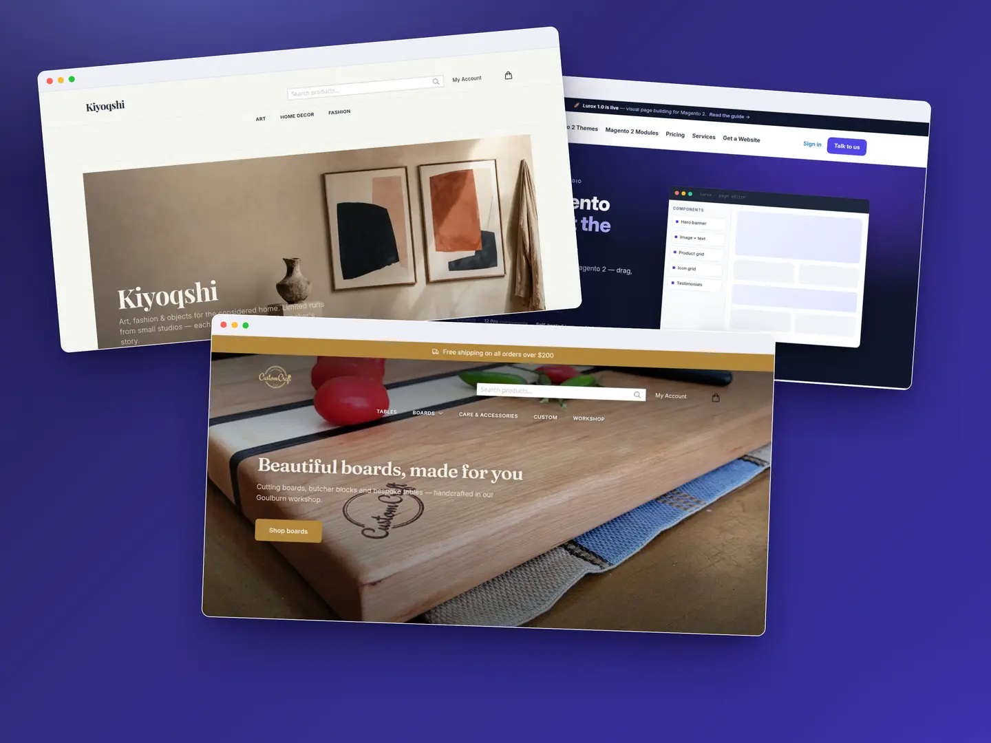 Three live Magento 2 storefronts built on Lurox themes — retail, fashion and electronics