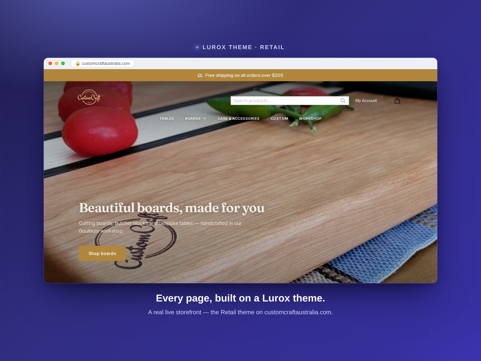 A live Magento 2 storefront built on a Lurox theme — homepage hero, product grid and footer